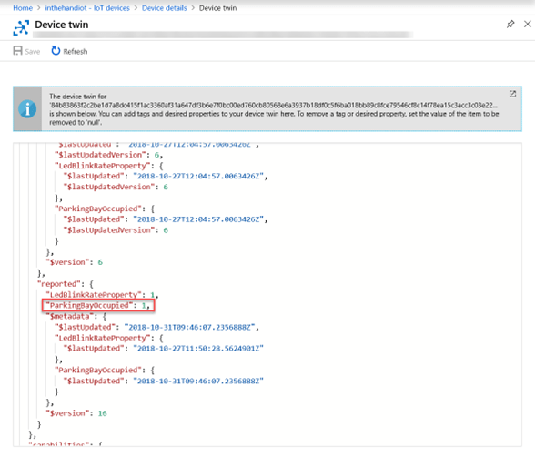 Azure Device Twin showing parking bay occupied value change.