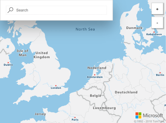 Azure Maps control showing northern Europe, along with search and zoom controls.